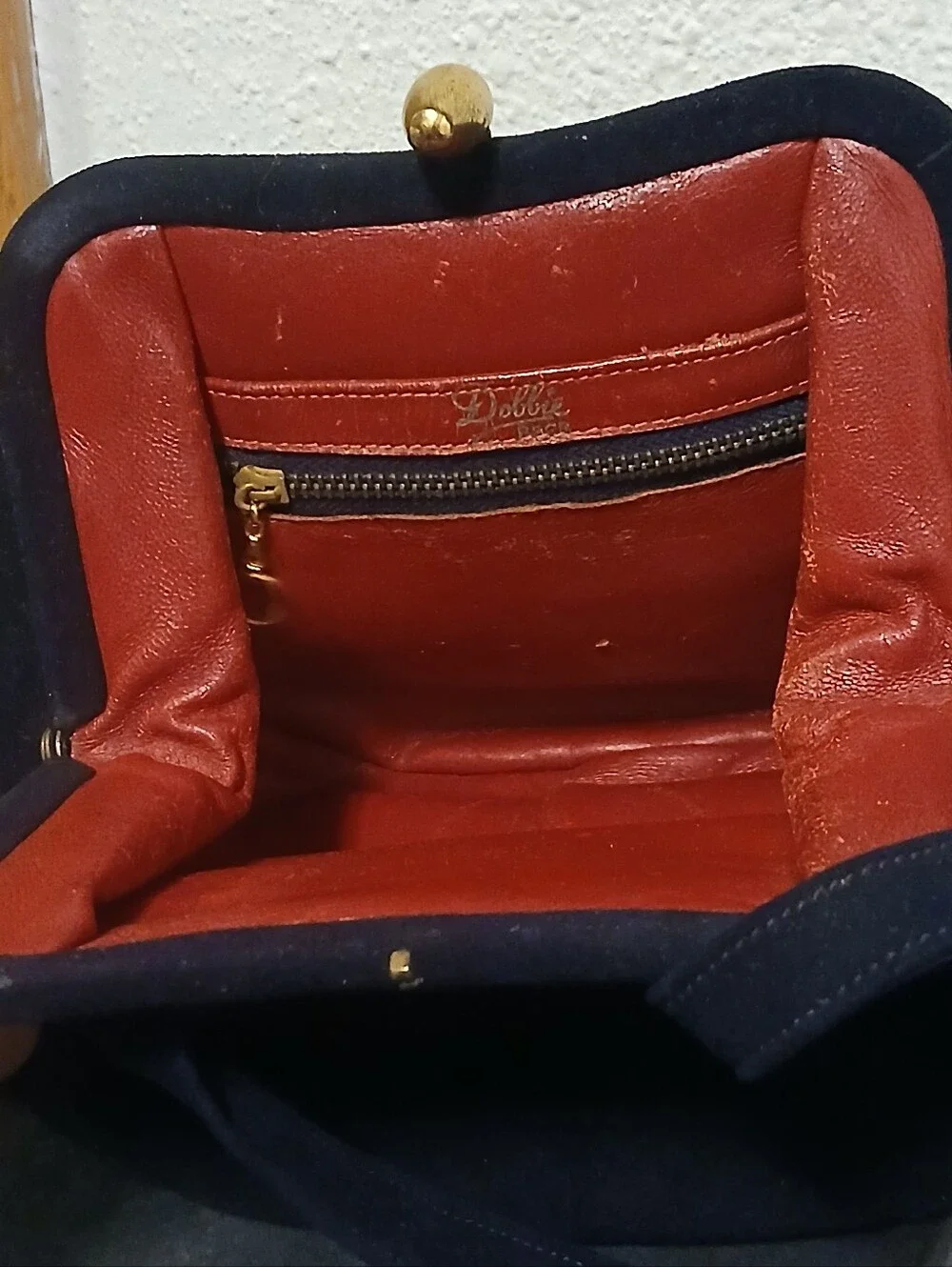 Vintage Dobbie Bag Mid-Century Navy Suede Handbag w/ Red Interior